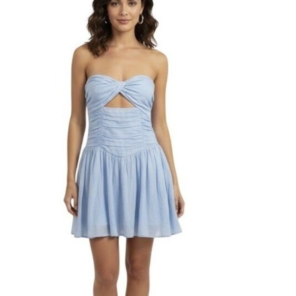 Hello Molly Dress Womens Small Blue Strapless Cutout Mini Ruched Cotton‎ Summer